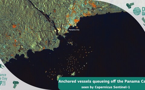A satellite image shows the queue of vessels waiting to use the Panama Canal